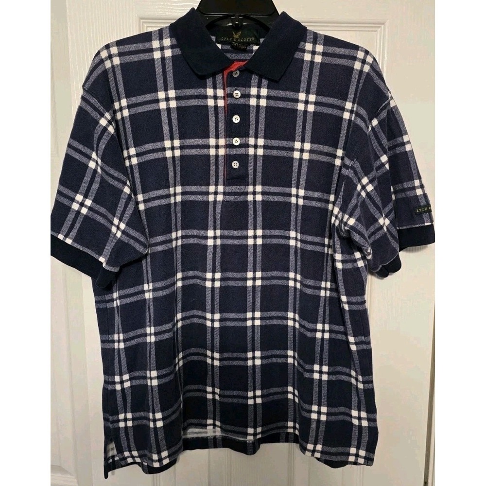 Vintage Lyle & Scott Mens Polo Large Blue White Stripes 5 Buttons Made In USA